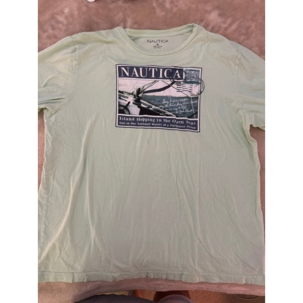 Nautica Mens XL Island Hopping Graphic T-Shirt Seafoam Green Cotton Short Sleeve